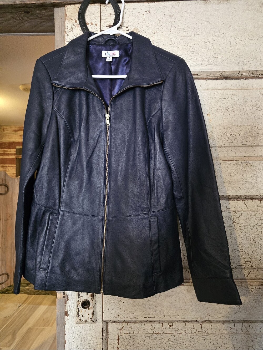 D&Co Women's Navy Genuine 100% Leather Zip-Front Jacket